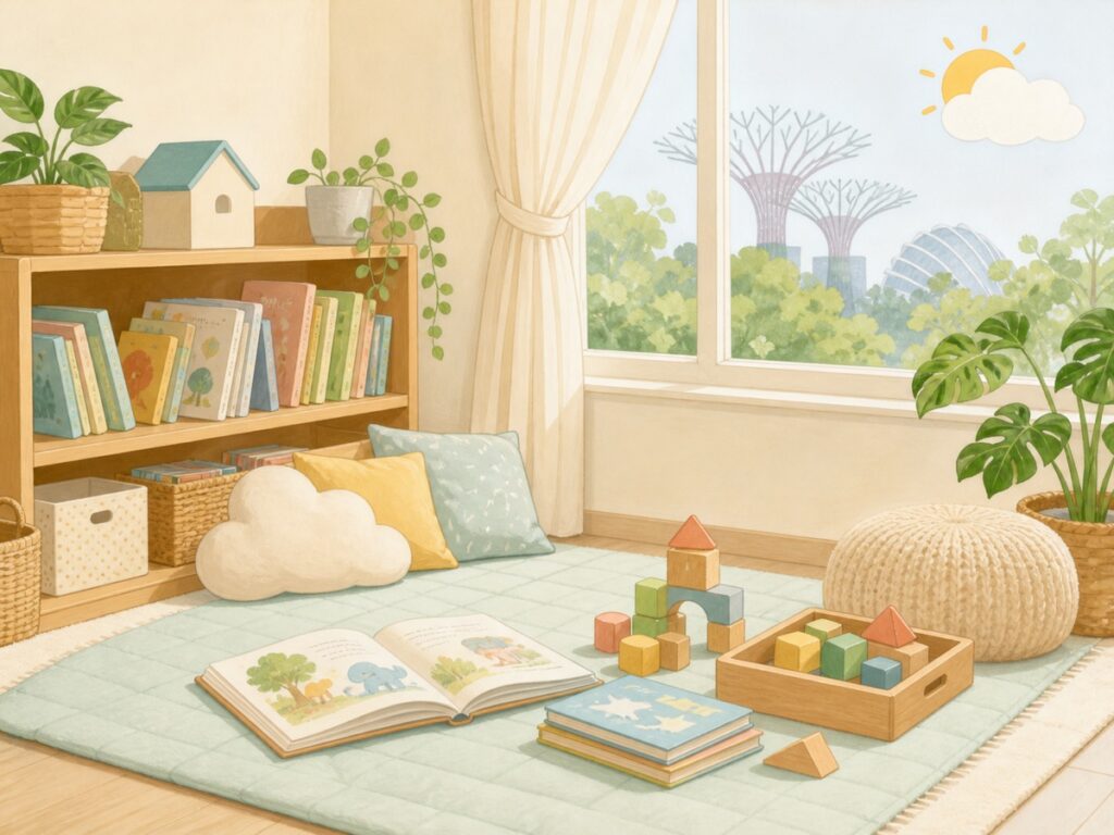 天気や空気の状態に合わせて屋内遊びへ切り替えるための絵本と積み木のイラスト