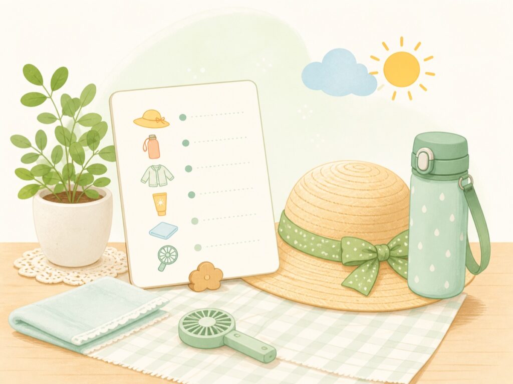 外出前の持ち物チェックとして帽子、水筒、羽織りものを並べたやさしいイラスト