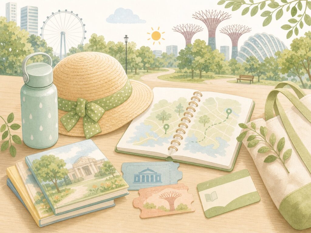 シンガポールで親子の週末お出かけを計画する帽子、水筒、地図、チケットのイラスト