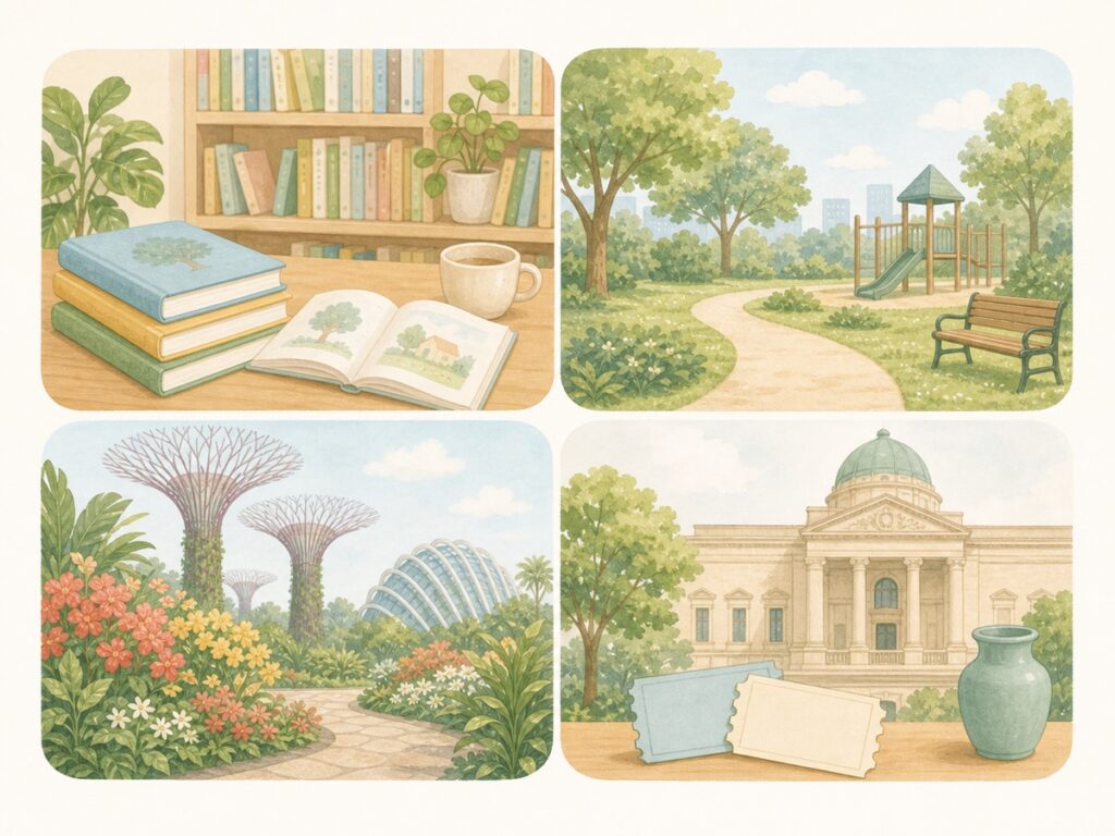 図書館、公園、ガーデン、ミュージアムを表した4分割のやさしいイラスト