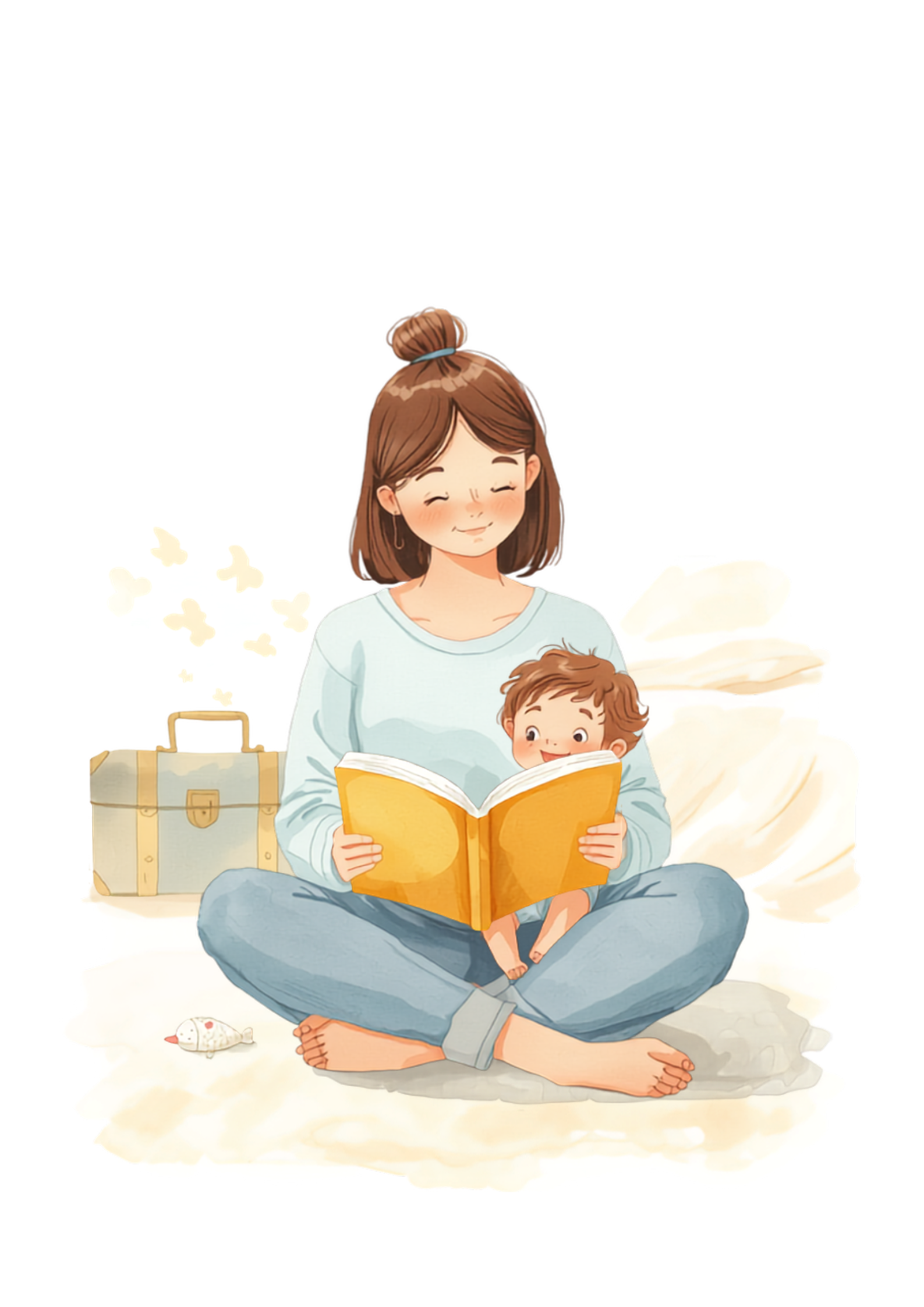 シッターがお子様と絵本を読むイラスト