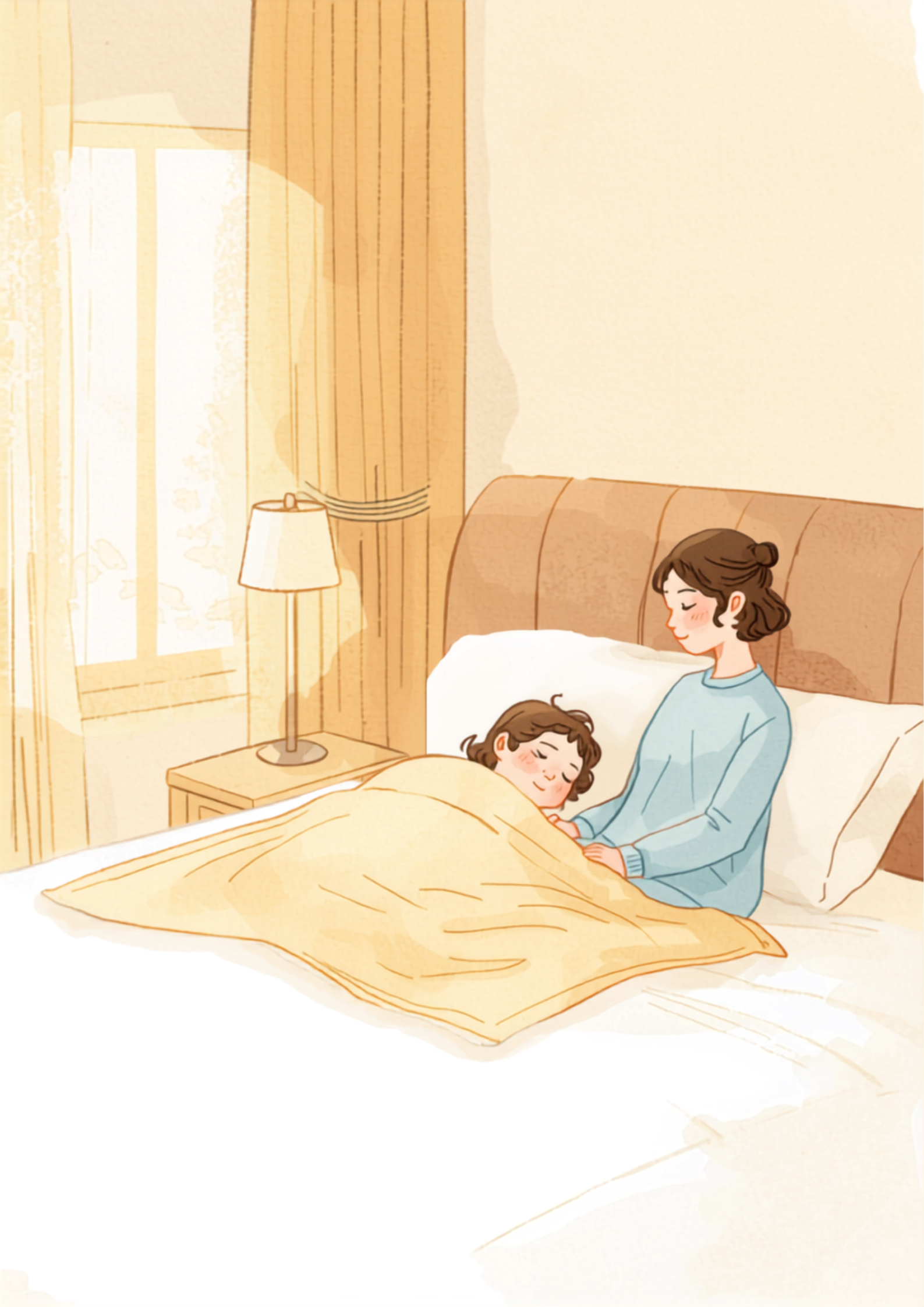 お昼寝するお子様を見守るシッターのイラスト