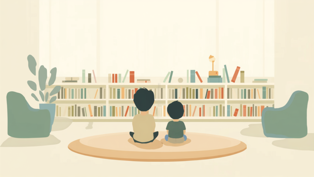 図書館の子どもコーナーで絵本を読む親子のフラットイラスト
