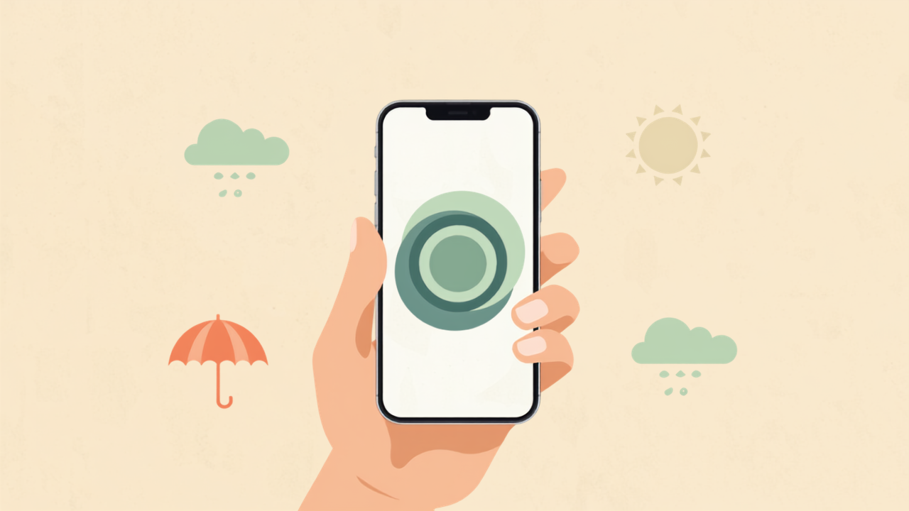 スマートフォンで雨雲レーダーと天気を確認するフラットイラスト