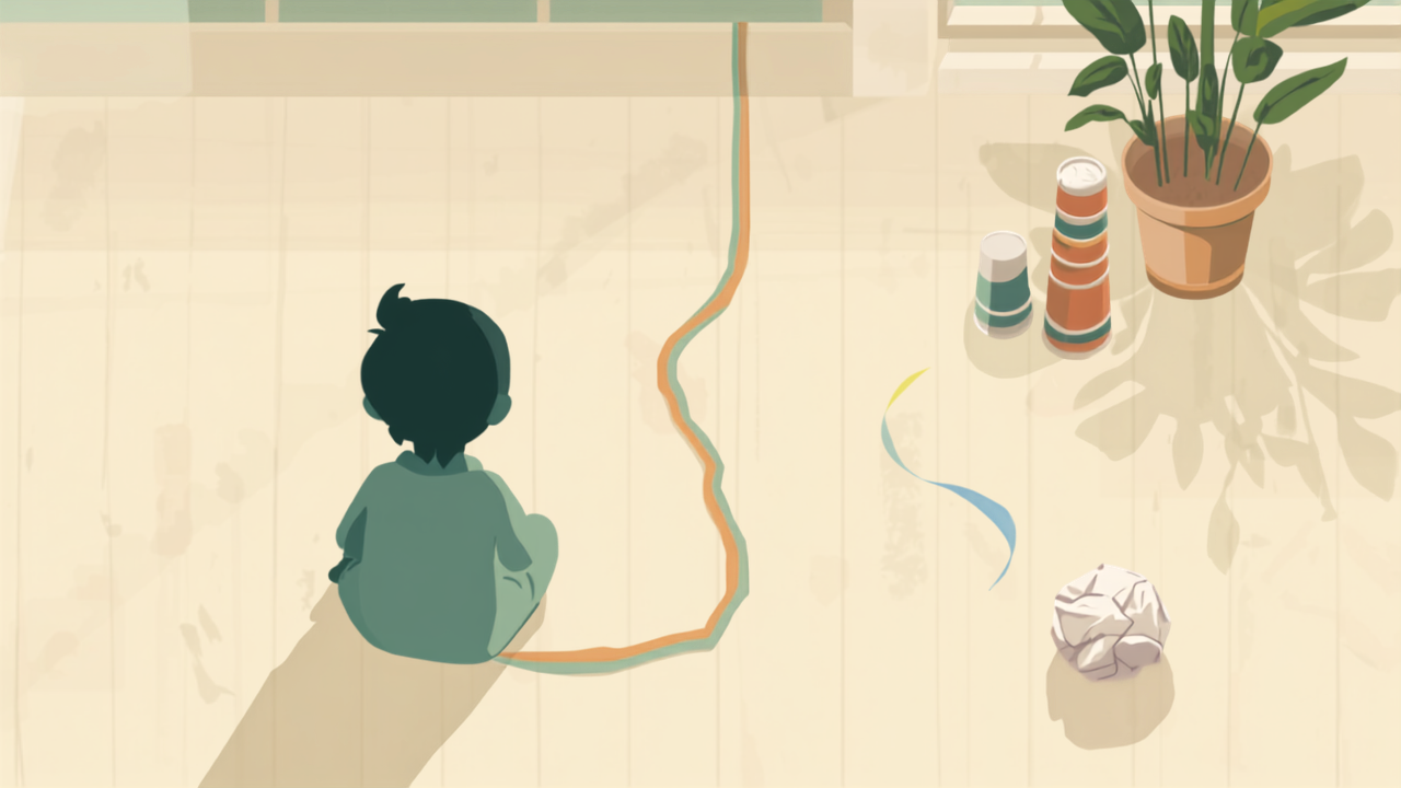 室内でテープの道と紙コップタワーで遊ぶ子どものフラットイラスト
