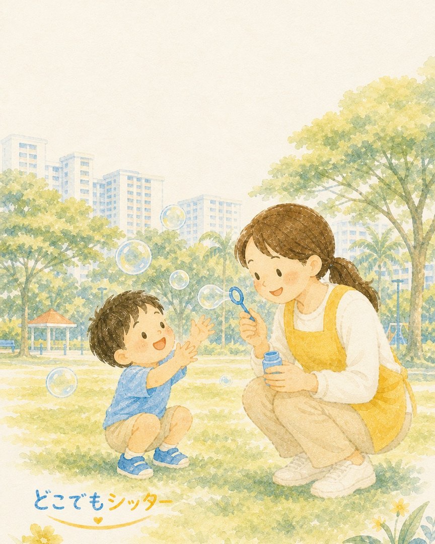公園でシャボン玉を楽しむお子様とシッターの水彩イラスト