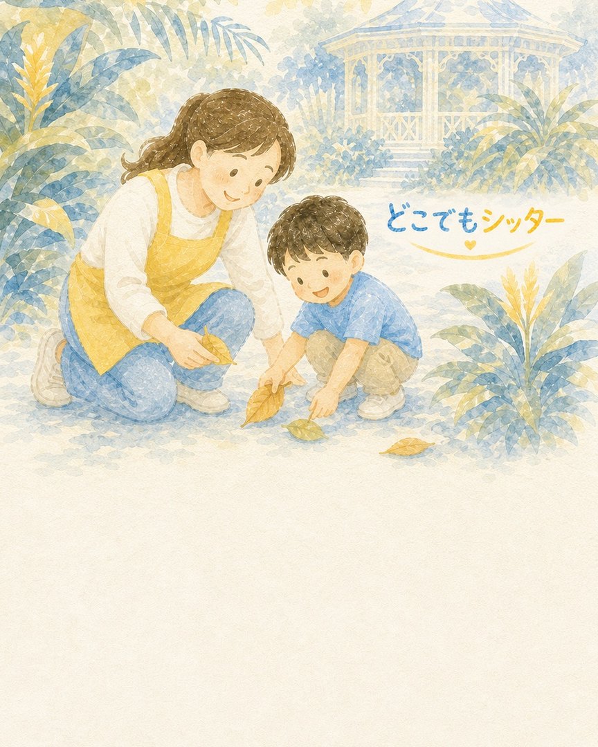 庭園で葉っぱ遊びをするお子様とシッターの水彩イラスト