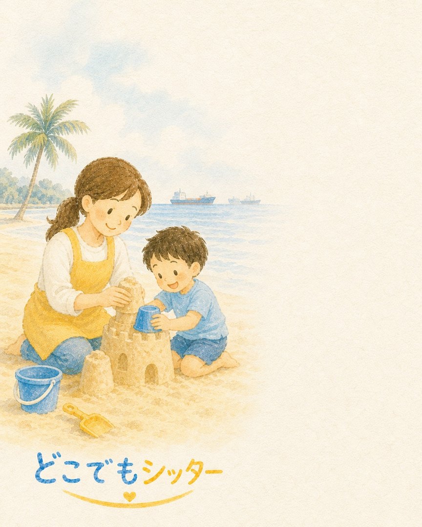ビーチで砂のお城を作るお子様とシッターの水彩イラスト