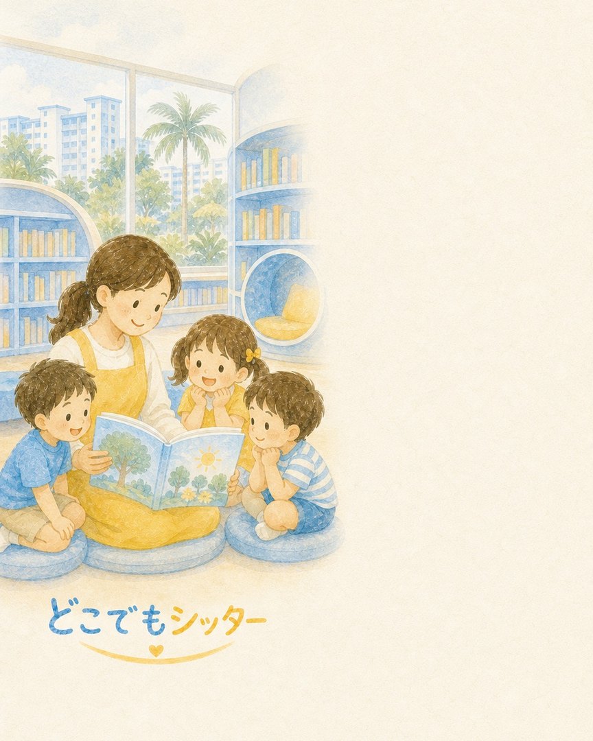 図書館で絵本を読むお子様たちとシッターの水彩イラスト