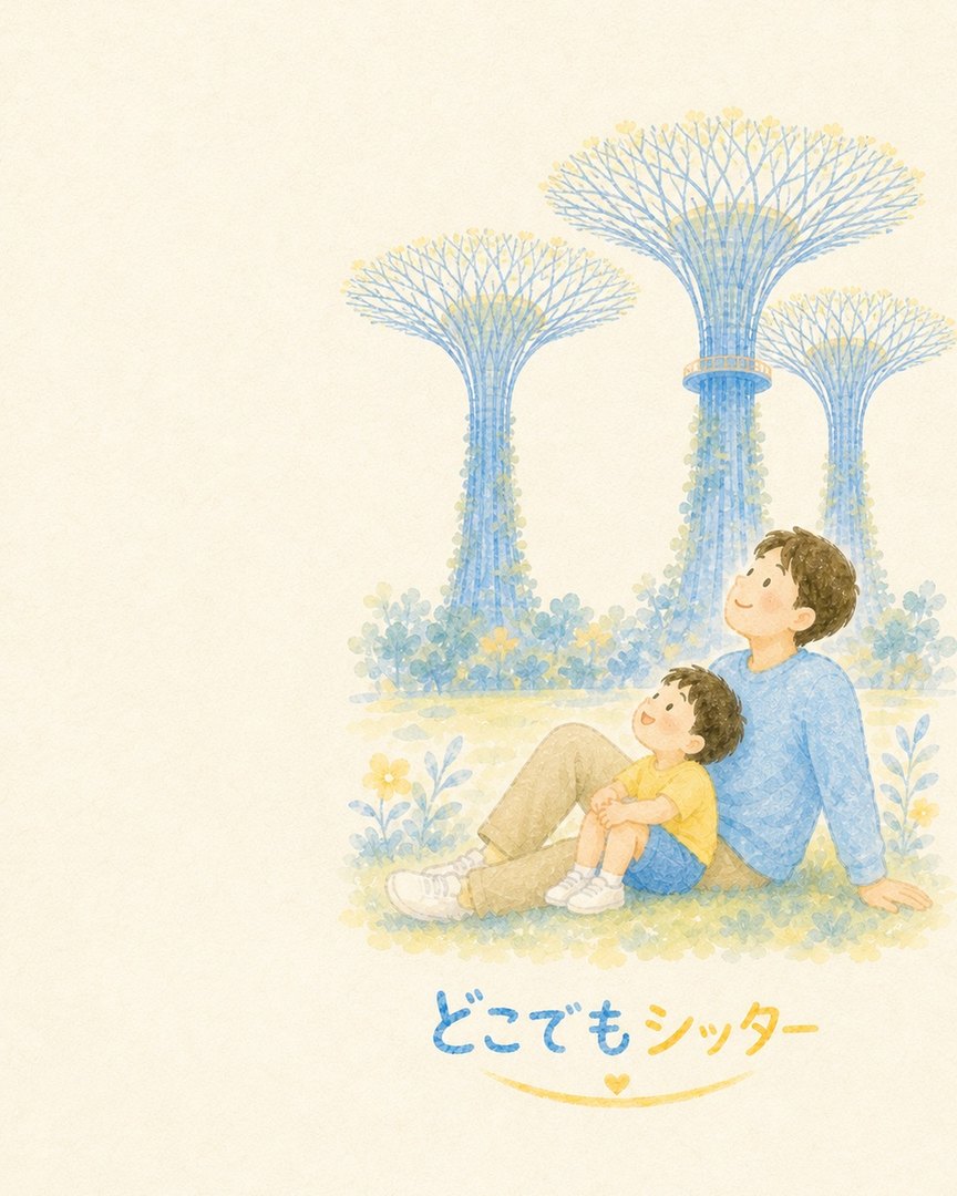 ガーデンズ・バイ・ザ・ベイのスーパーツリーを見上げる親子の水彩イラスト