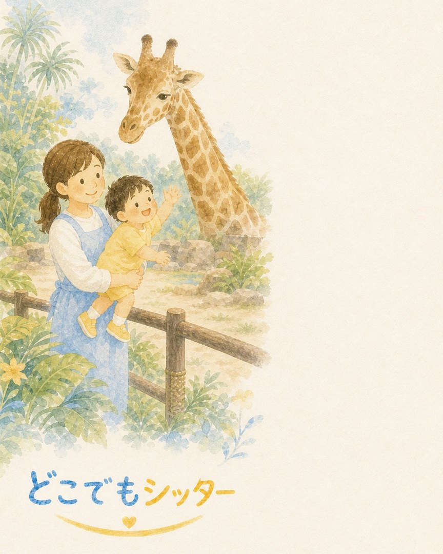 動物園でキリンを見るお子様とシッターの水彩イラスト