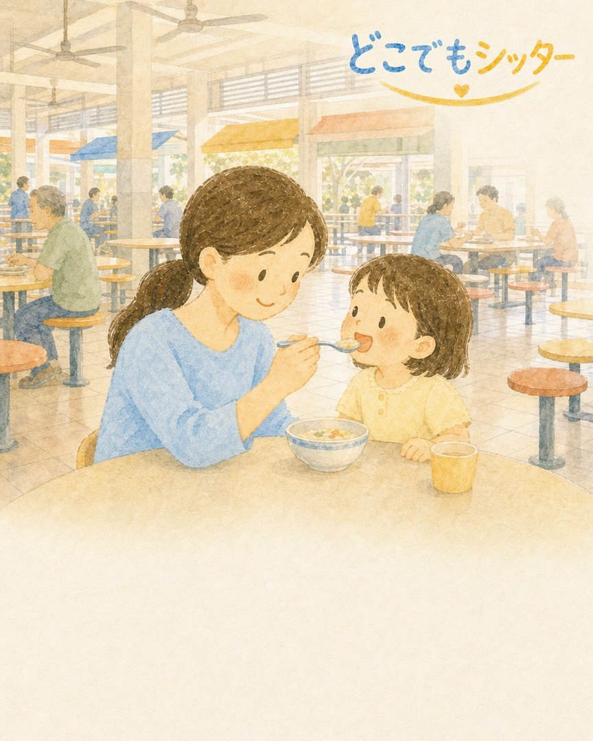 ホーカーセンターでお子様の食事を手伝うシッターの水彩イラスト