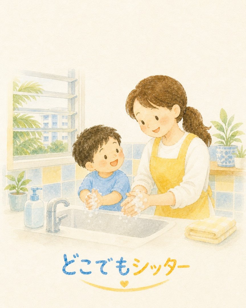 シッターとお子様が一緒に手洗いをする水彩イラスト