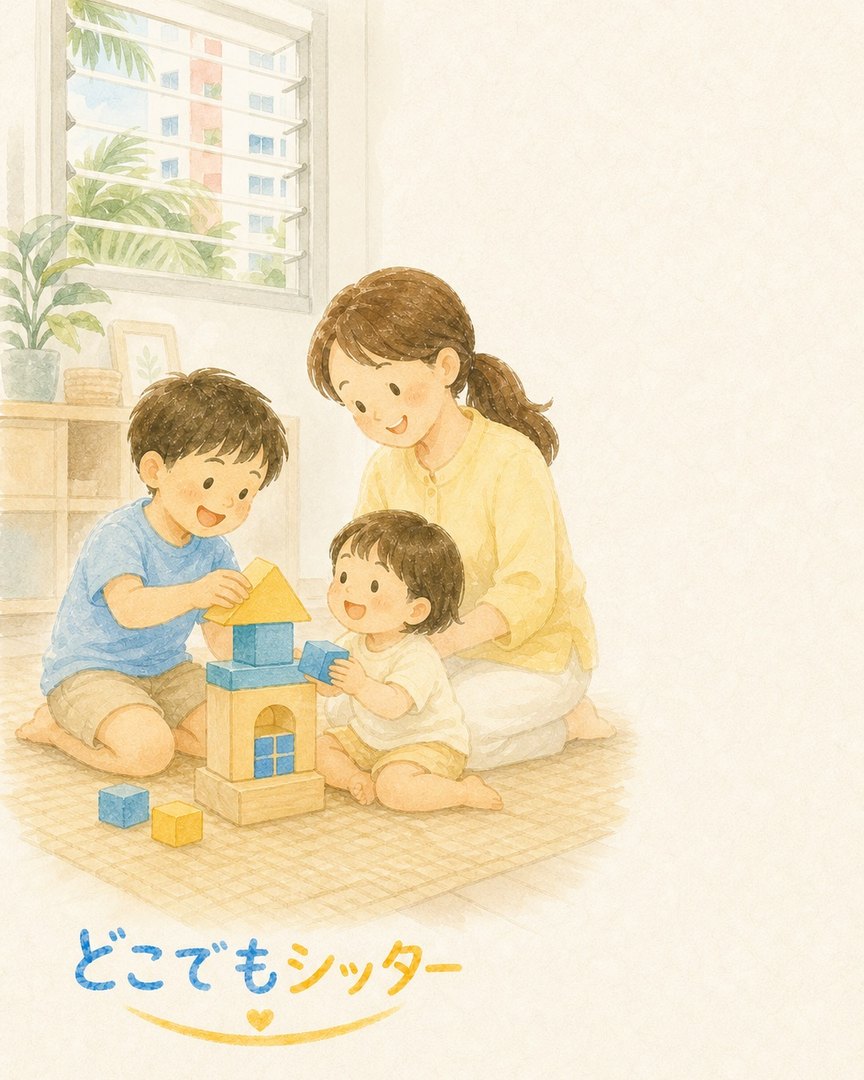 積み木で遊ぶお子様たちとシッターの水彩イラスト