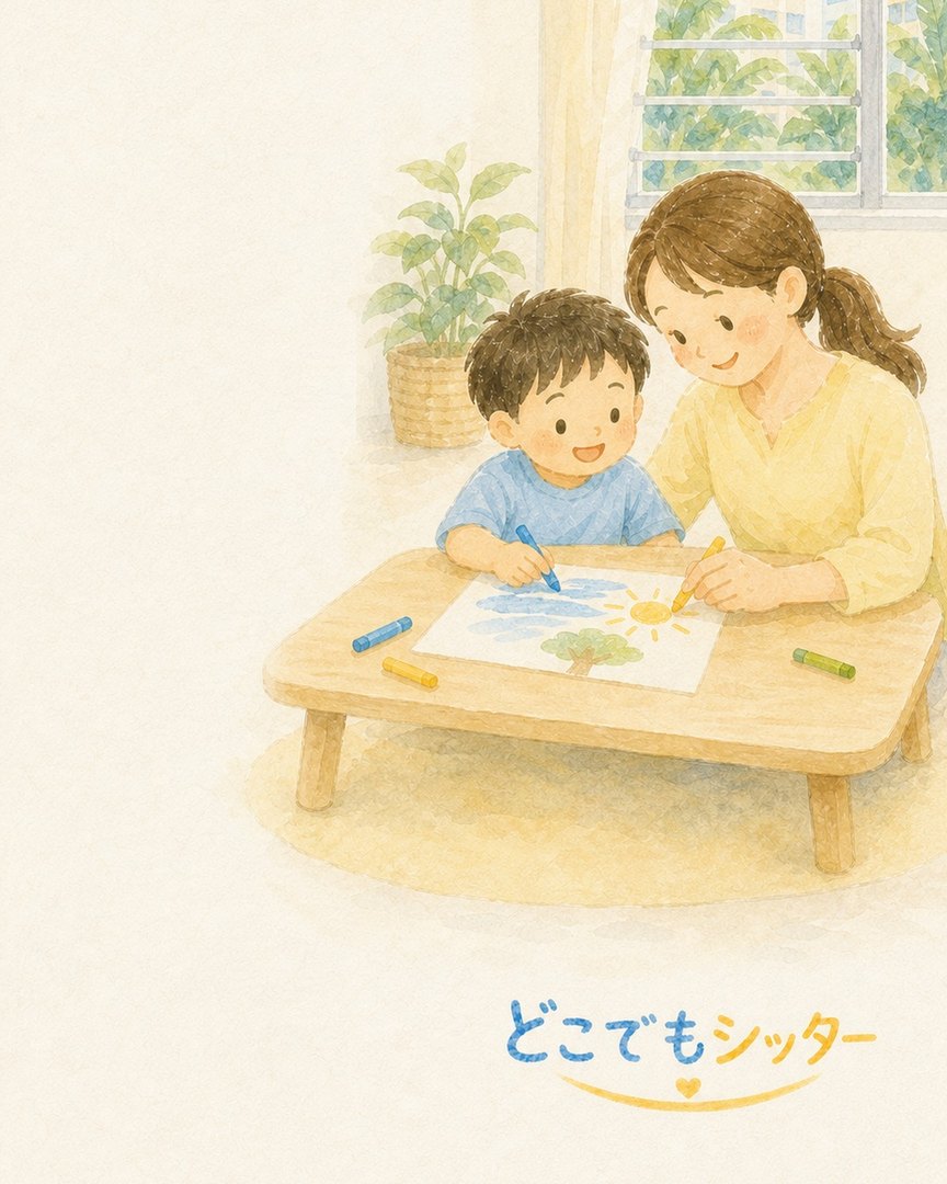 お絵かきをするお子様とシッターの水彩イラスト