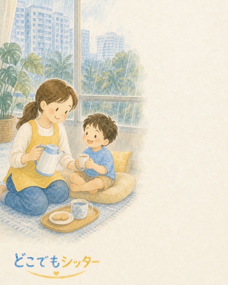 雨の日にお子様とおやつの時間を過ごすシッターの水彩イラスト