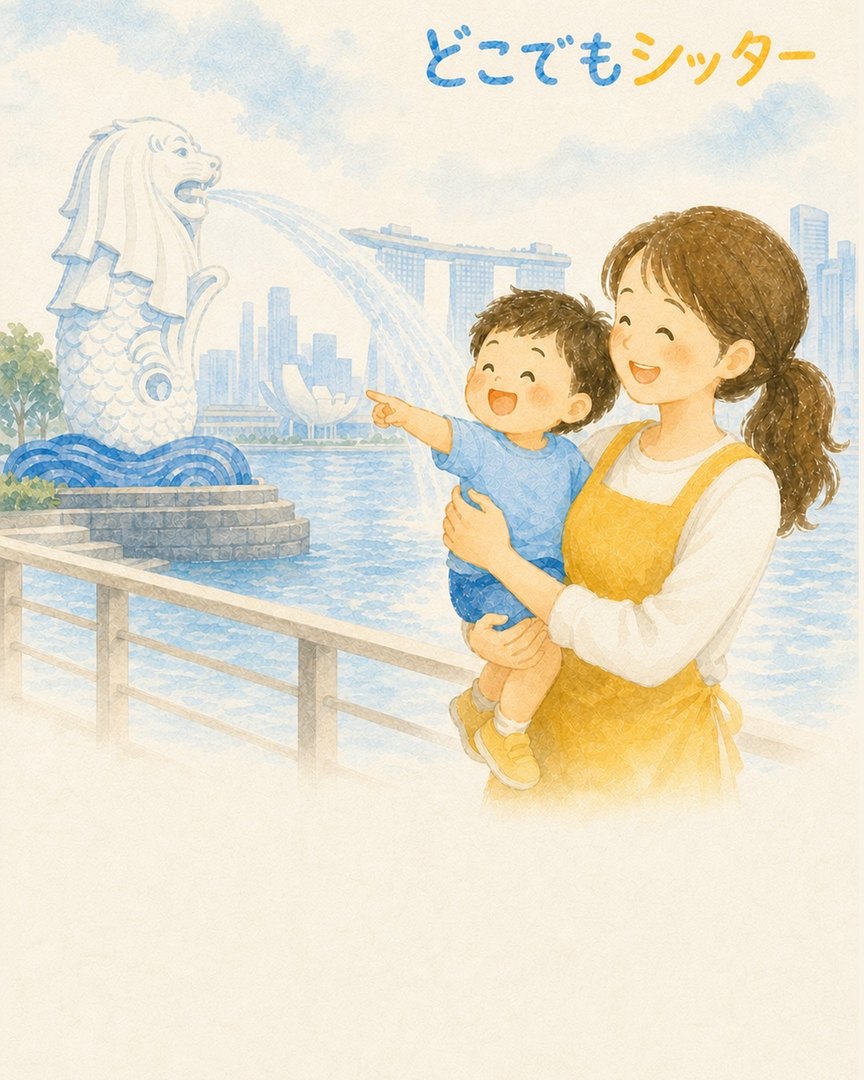 マーライオンを指さして笑うお子様とシッターの水彩イラスト