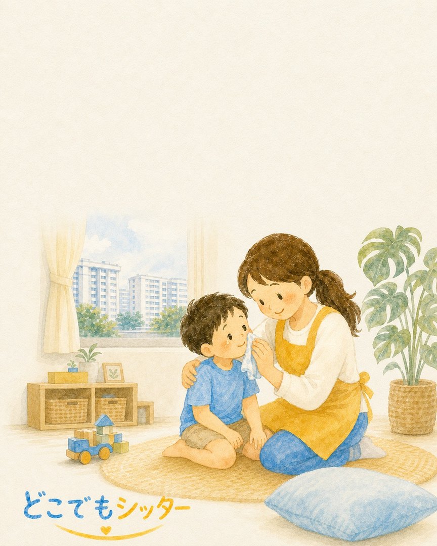 おもちゃで遊ぶお子様とシッターの水彩イラスト