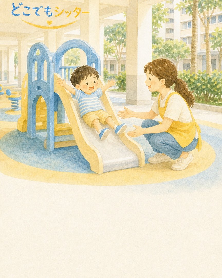 プレイグラウンドのすべり台で遊ぶお子様とシッターの水彩イラスト