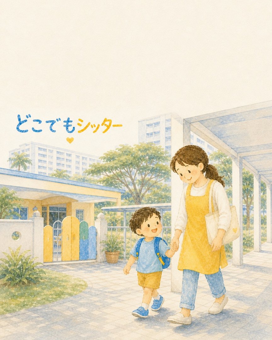お子様と手をつないで学校へ向かうシッターの水彩イラスト