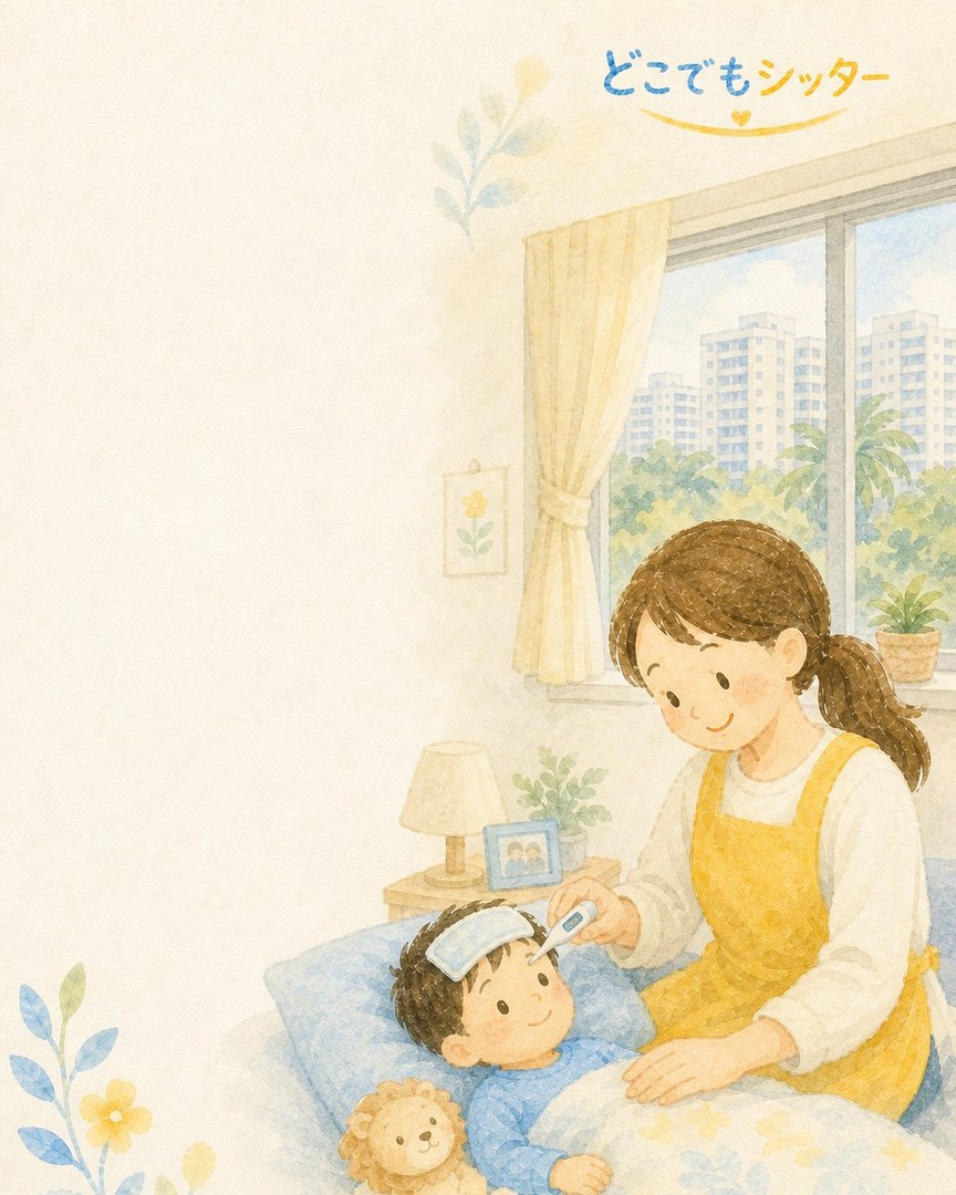 体調を崩したお子様を看病するシッターの水彩イラスト