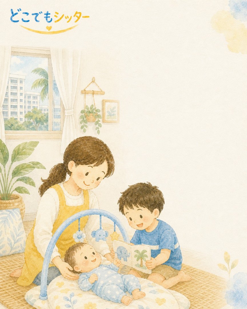 赤ちゃんとお兄ちゃんの遊びを見守るシッターの水彩イラスト