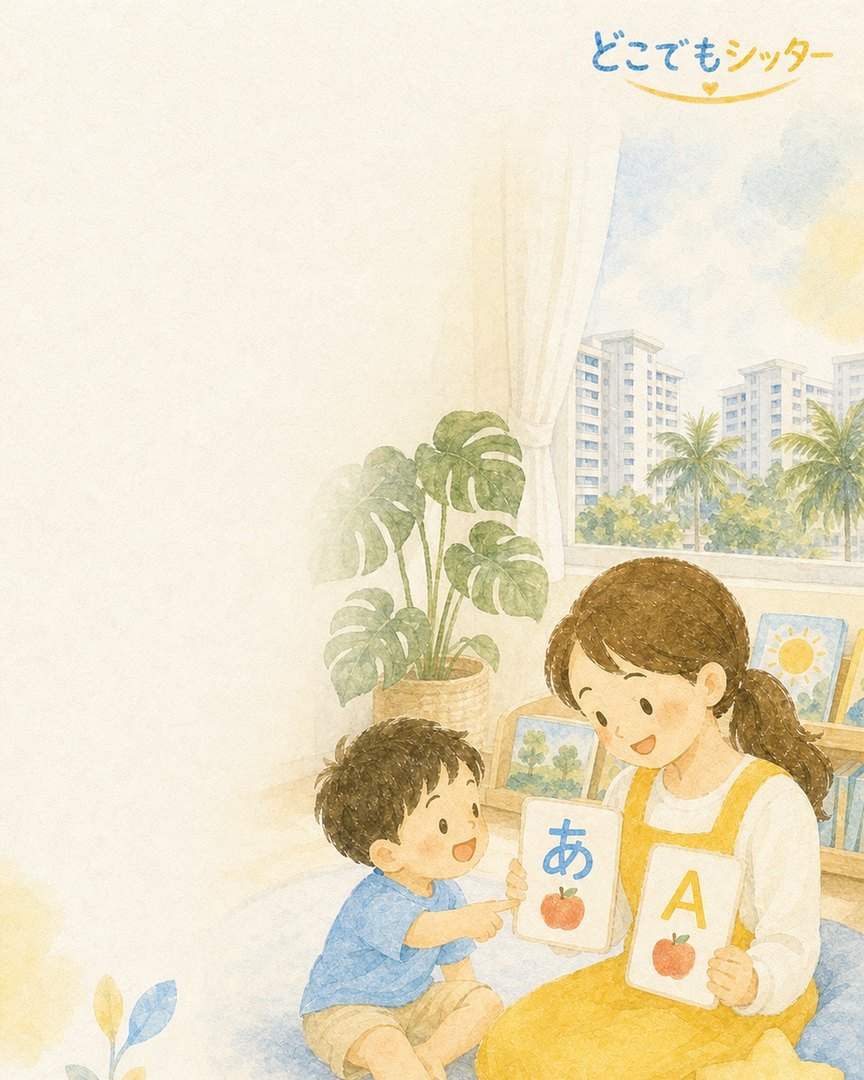 ひらがなとアルファベットのカードで学ぶお子様とシッターの水彩イラスト
