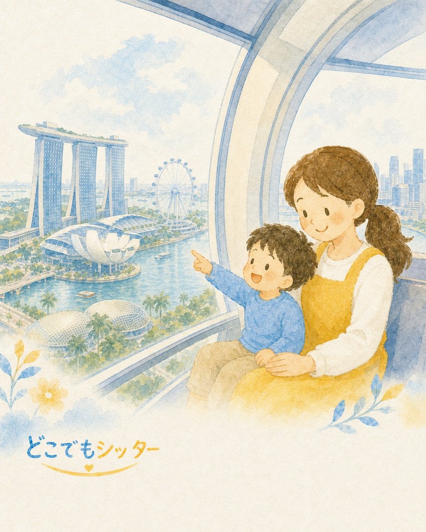 窓からマリーナベイ・サンズを眺めるお子様とシッターの水彩イラスト