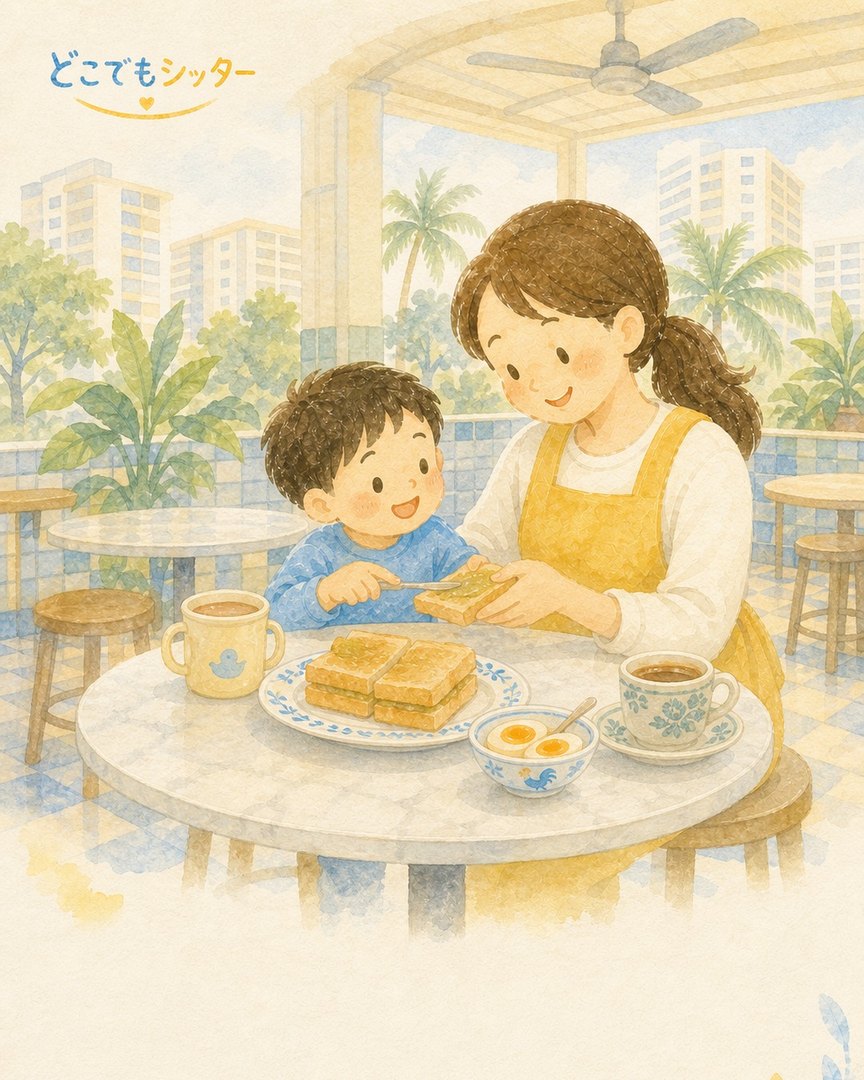 朝ごはんの時間をお子様と過ごすシッターの水彩イラスト